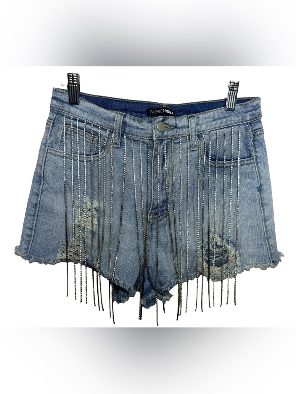 Fashion Nova Bling Fringe Distressed Denim Shorts Y2K Size 7